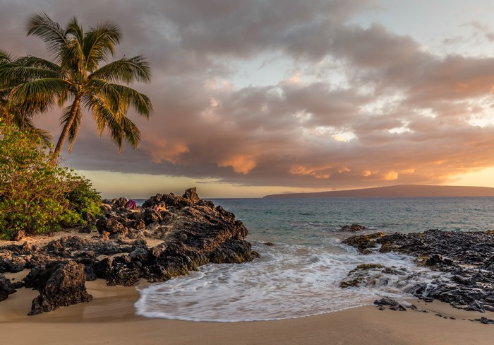 Sunset Over Rocky Tropical Beach with Palm Trees