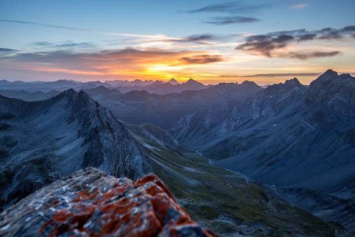 Mountain valley at sunrise in Switzerland