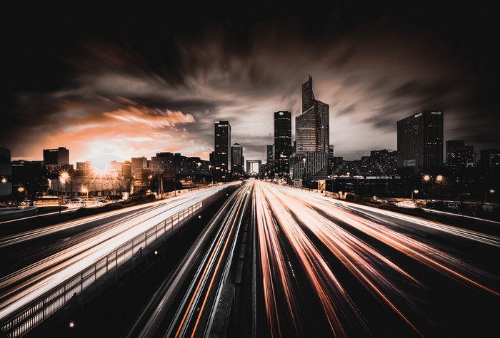Cityscape with light trails at night