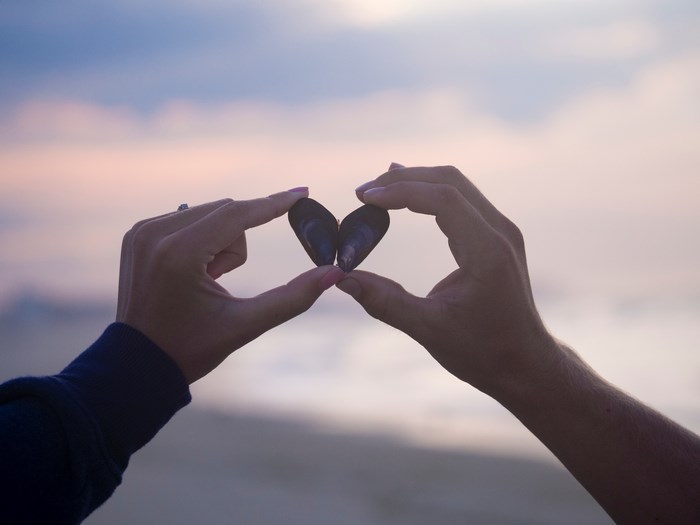 Couple holding a shell heart at sunset