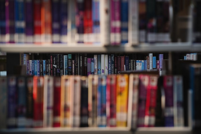 Books on a library shelf