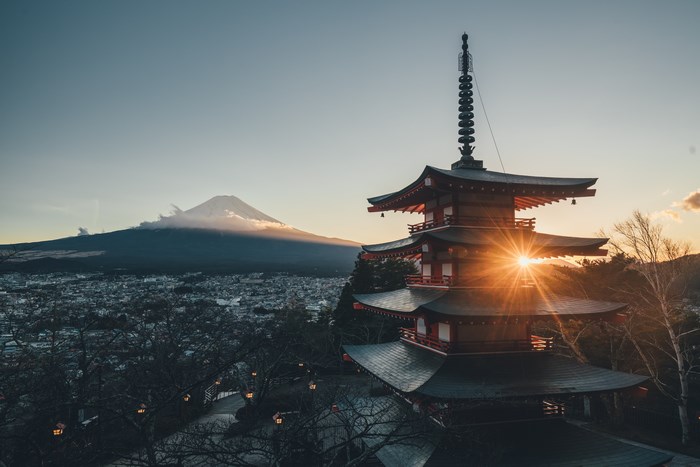 Mount Fuji and Pagoda at Sunset