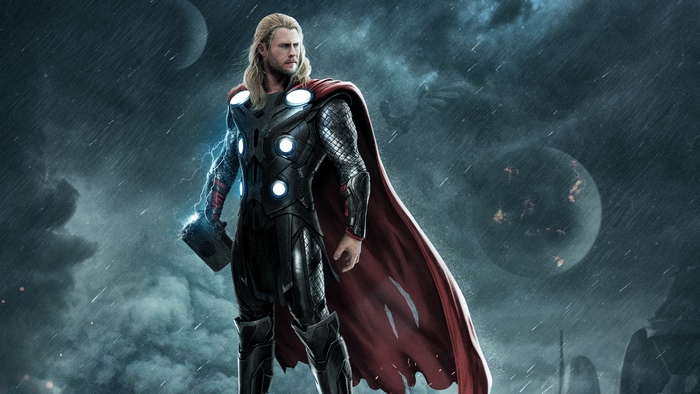 Thor Standing in Stormy Weather with Mjolnir