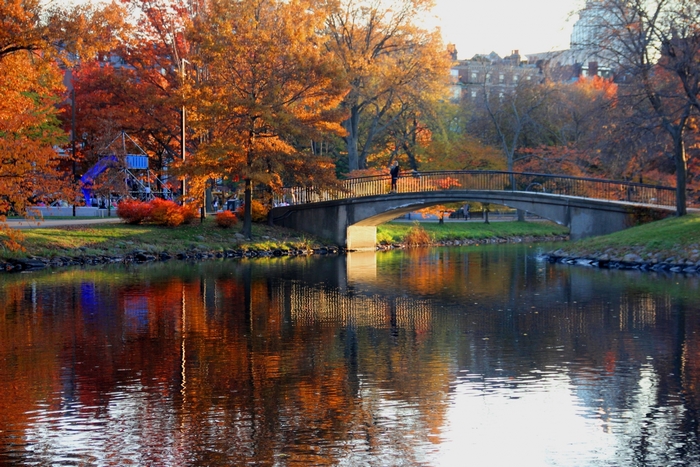 Bridge over water with autumn trees and reflections