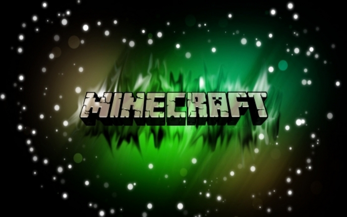 Minecraft logo with green flames and bokeh