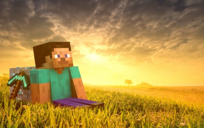 Steve from Minecraft sitting in a field at sunset