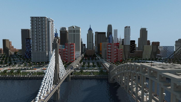 Minecraft Cityscape with Bridges and Skyscrapers