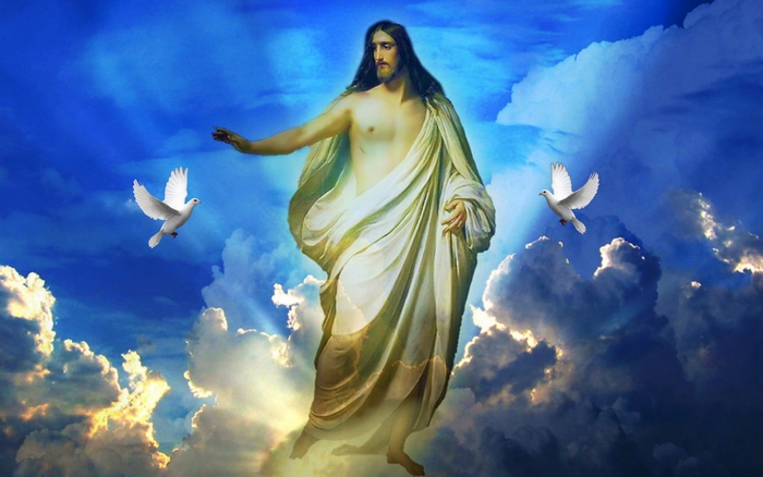 Jesus with doves in the sky