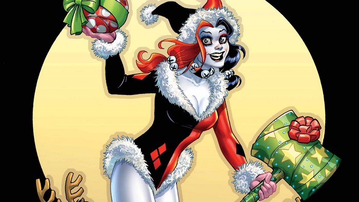 Harley Quinn in Christmas costume holding gifts