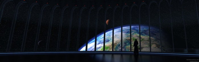 Person in robe looking at Earth and Mars from a window