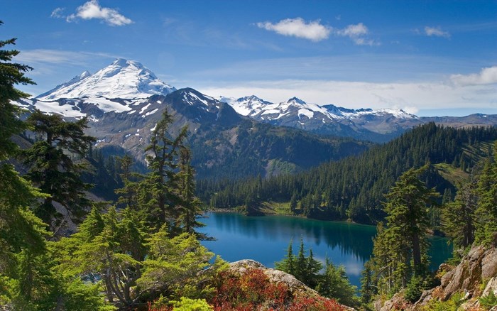 Snow-capped mountain overlooking a forest lake