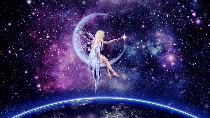 Fairy on Crescent Moon Touching a Star in Space