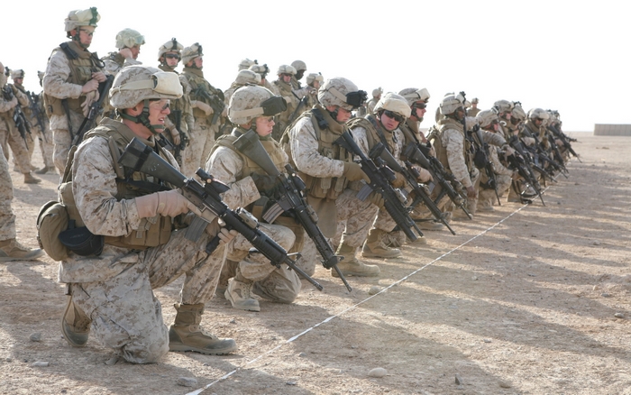 US Army soldiers in formation with rifles