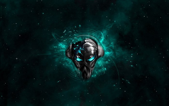 Sci-fi mask with glowing blue eyes in space