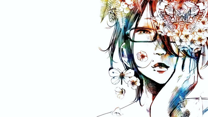 Girl with Flowers and Butterflies
