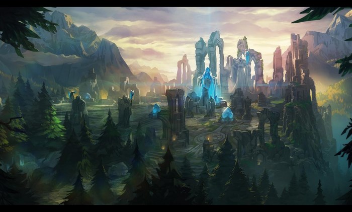 League of Legends Nexus ruins with mountains