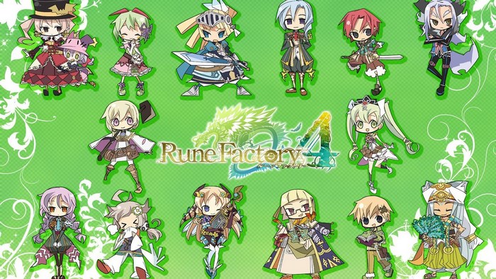 Rune Factory 4 characters on green background