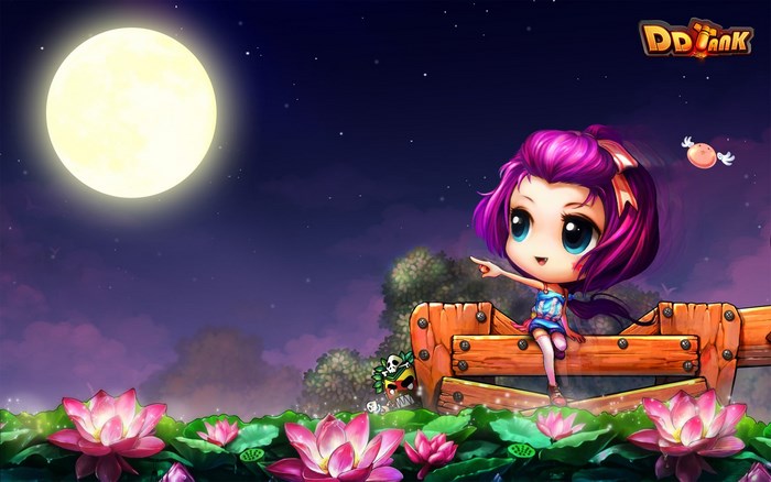 DDTank girl sitting on a wooden bench at night