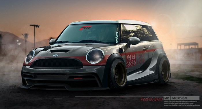 Modified Mini Cooper S with Japanese text