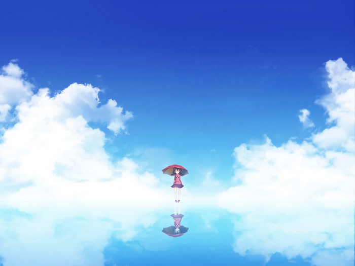 Girl with umbrella reflected in the sky