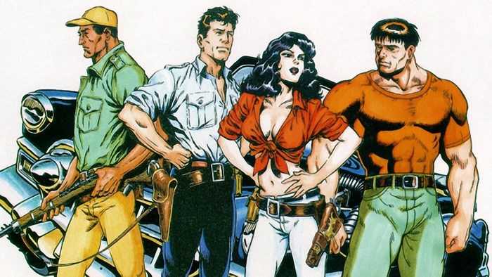Four characters with guns and a car