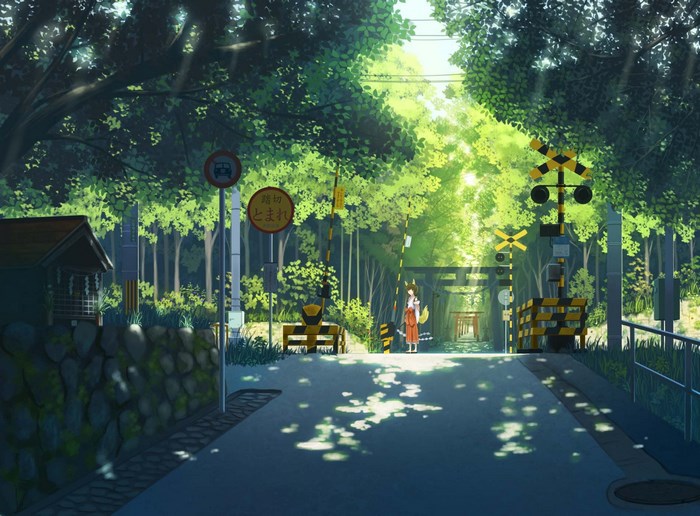 Anime girl at a Japanese train crossing with torii gates