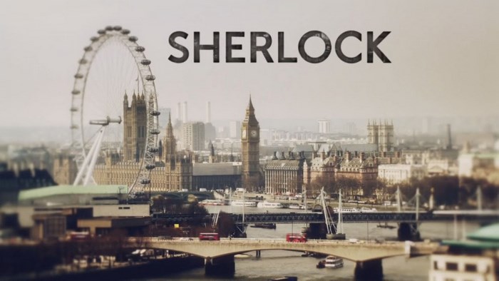 Sherlock title card over London skyline
