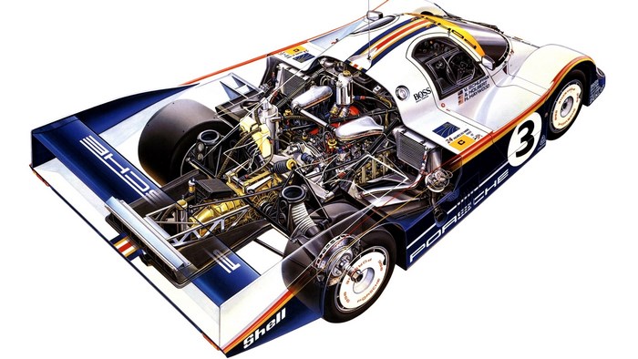 Cutaway illustration of a Porsche 962C race car