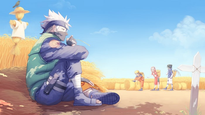 Kakashi and Team 7 in a wheat field
