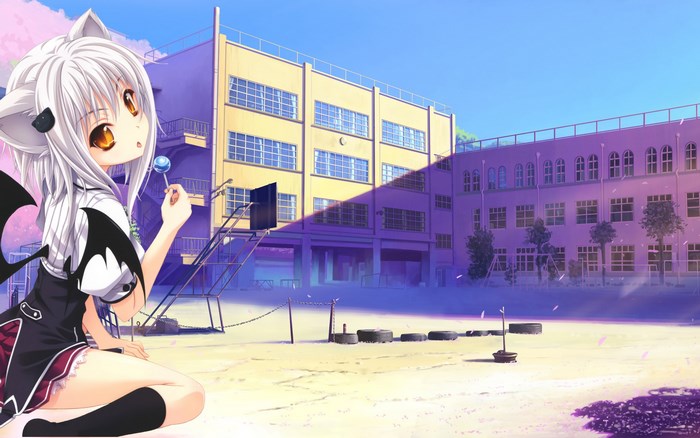 Anime girl with cat ears and bat wings holding a lollipop