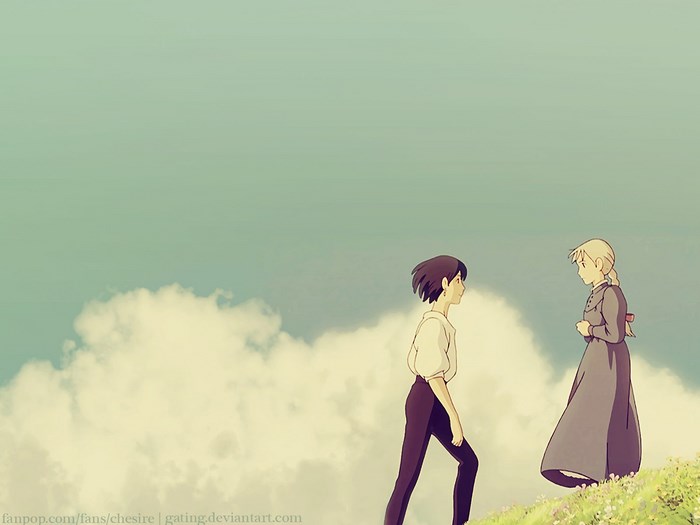 Howl's Moving Castle characters on a hill