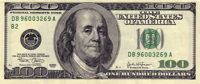 Benjamin Franklin on a United States 100 Dollar Bill
