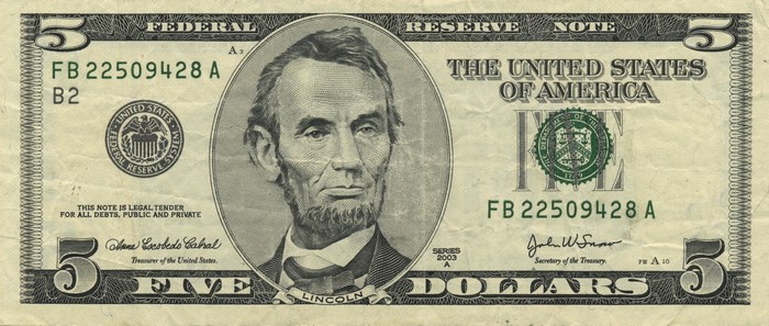 US Five Dollar Bill with Abraham Lincoln