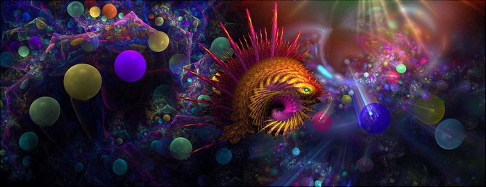 Abstract fractal art with spheres and a spiky creature