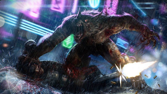 Fierce Werewolf Battling in Rainy Neon City