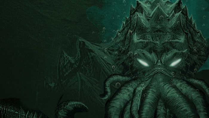 Cthulhu monster with glowing eyes underwater