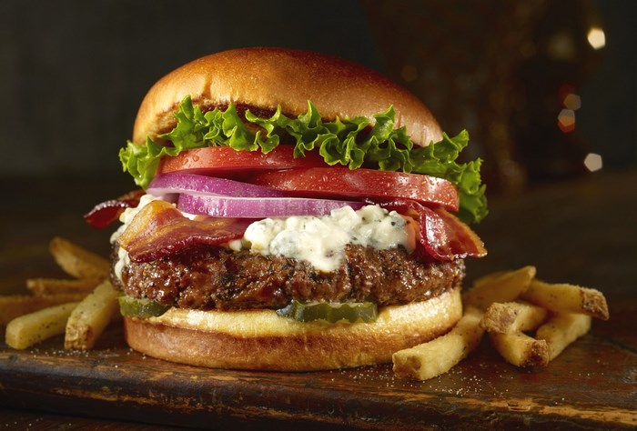 Burger with bacon, blue cheese, and fries