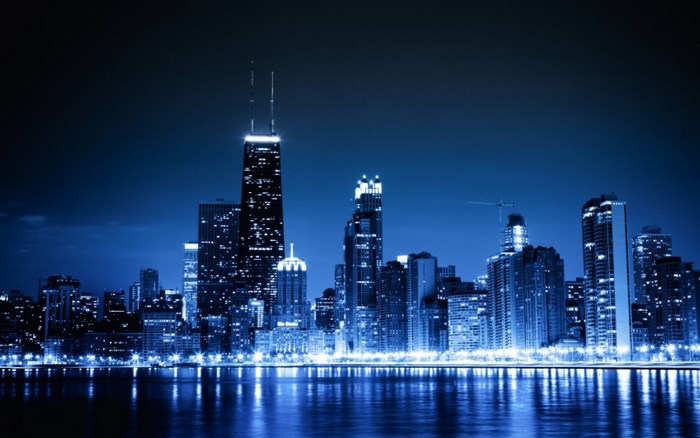Chicago skyline at night over water