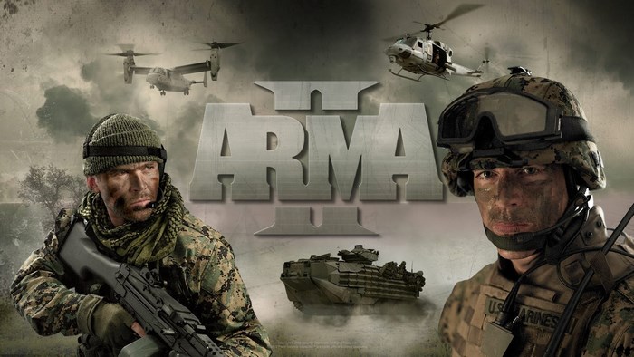 Arma 2 video game cover with soldiers and vehicles
