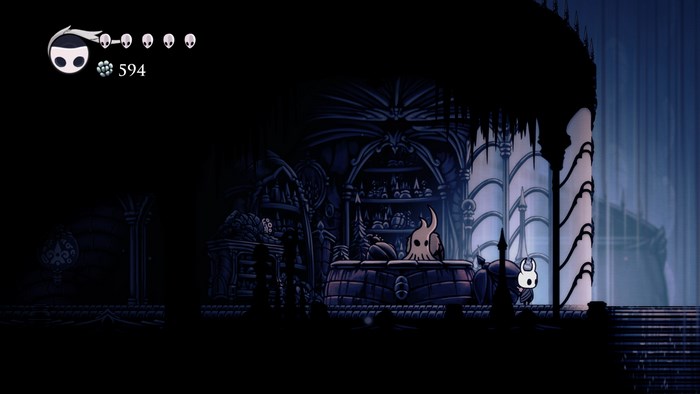 Hollow Knight character in a dark, ornate room