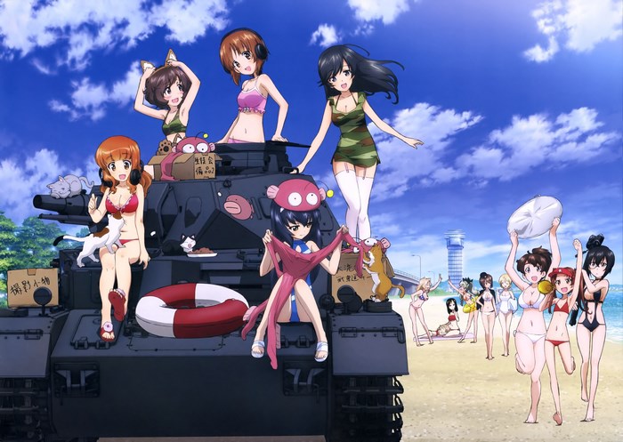 Girls und Panzer characters on a beach with a tank