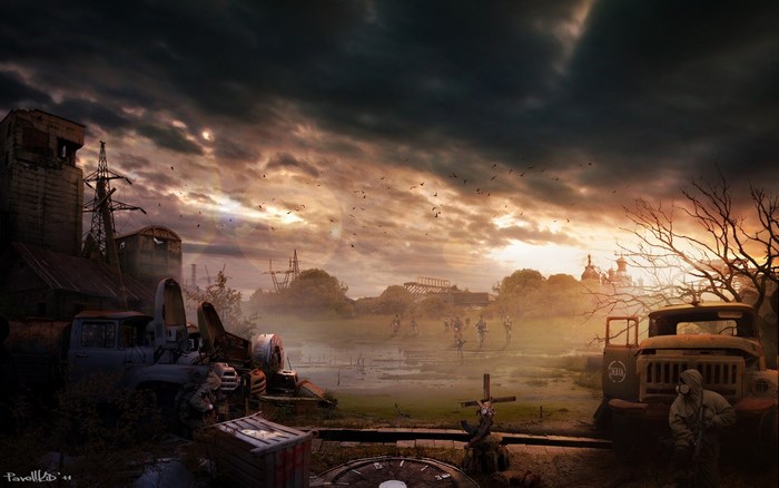 S.T.A.L.K.E.R. post-apocalyptic landscape with figures