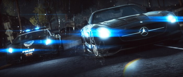 Police car chasing a Mercedes-Benz SLS AMG in Need for Speed Rivals