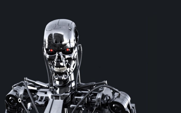 The Terminator Futuristic Metallic Robot with Red Eyes