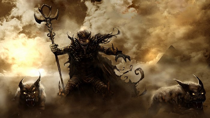 Dark figure with staff and demonic dogs in desert
