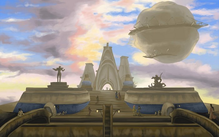 The Elder Scrolls fantasy city with airship