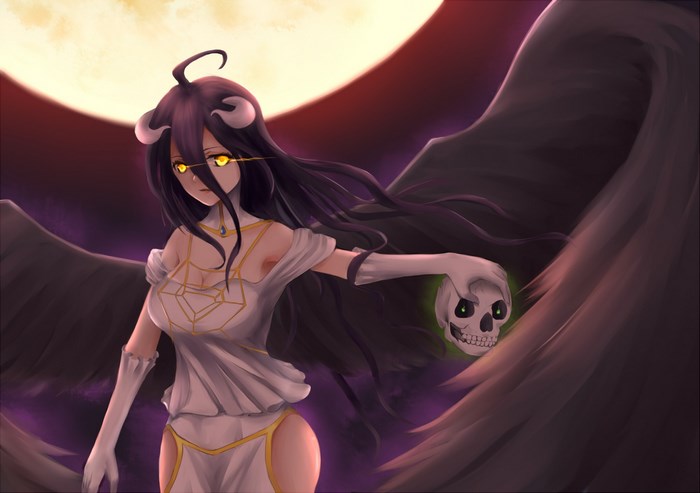 Albedo from Overlord holding a skull