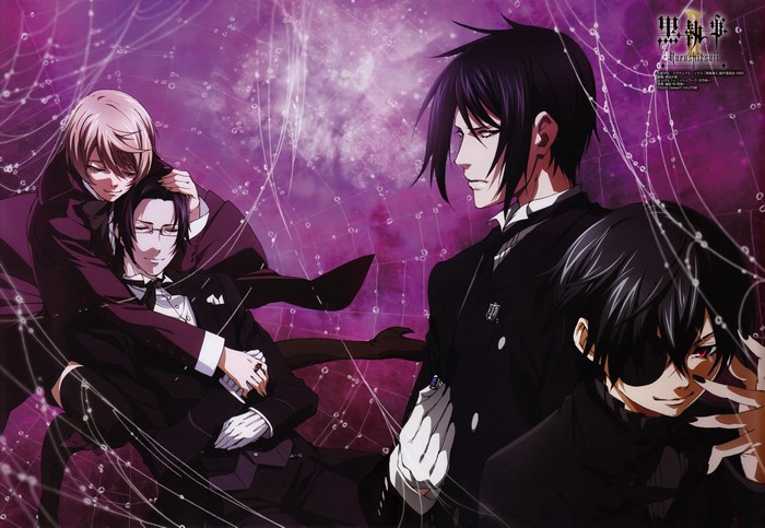 Black Butler characters in a web-like background