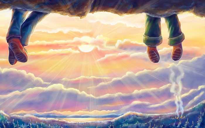 Two people sitting on a branch over clouds at sunset