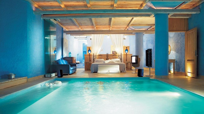 Bedroom with indoor pool and sound system